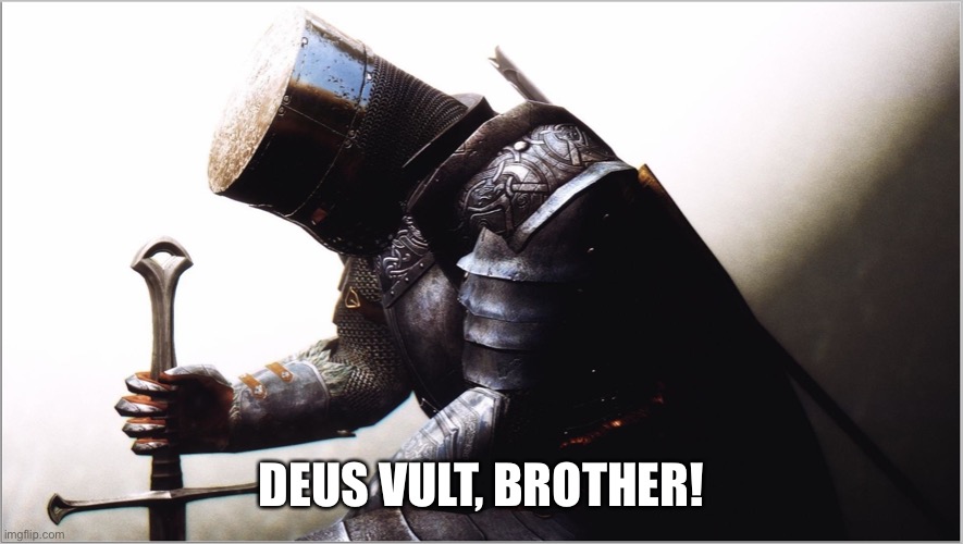 crusader kneeling | DEUS VULT, BROTHER! | image tagged in crusader kneeling | made w/ Imgflip meme maker