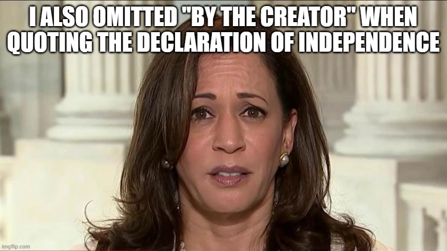 kamala harris | I ALSO OMITTED "BY THE CREATOR" WHEN QUOTING THE DECLARATION OF INDEPENDENCE | image tagged in kamala harris | made w/ Imgflip meme maker