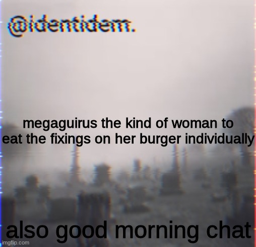 gbfd | megaguirus the kind of woman to eat the fixings on her burger individually; also good morning chat | made w/ Imgflip meme maker
