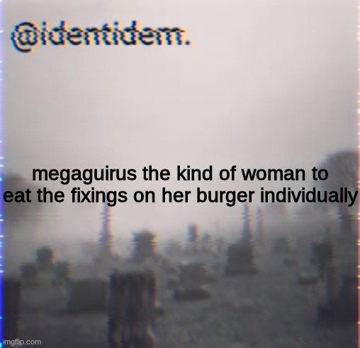 frwr | megaguirus the kind of woman to eat the fixings on her burger individually | made w/ Imgflip meme maker