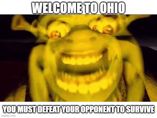 Defeat your opponent P.3 | WELCOME TO OHIO; YOU MUST DEFEAT YOUR OPPONENT TO SURVIVE | image tagged in shrek | made w/ Imgflip meme maker