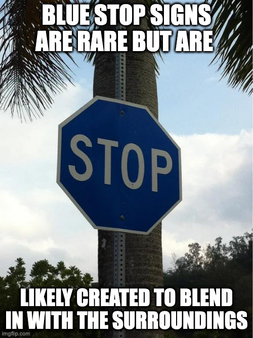 Blue Stop Sign | BLUE STOP SIGNS ARE RARE BUT ARE; LIKELY CREATED TO BLEND IN WITH THE SURROUNDINGS | image tagged in stop sign,memes | made w/ Imgflip meme maker
