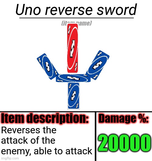 Holy sword | Uno reverse sword; Reverses the attack of the enemy, able to attack; 20000 | image tagged in item-shop template,no u | made w/ Imgflip meme maker