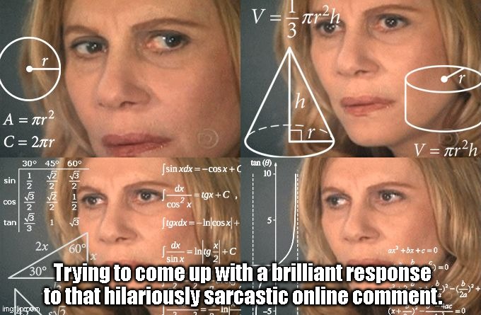 Calculating meme | Trying to come up with a brilliant response to that hilariously sarcastic online comment. | image tagged in calculating meme | made w/ Imgflip meme maker