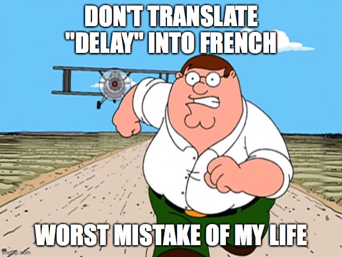 Peter Griffin running away | DON'T TRANSLATE "DELAY" INTO FRENCH; WORST MISTAKE OF MY LIFE | image tagged in peter griffin running away | made w/ Imgflip meme maker