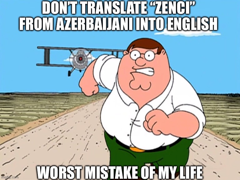 It’s literally just the n wodr | DON’T TRANSLATE “ZENCI”  FROM AZERBAIJANI INTO ENGLISH; WORST MISTAKE OF MY LIFE | image tagged in peter griffin running away | made w/ Imgflip meme maker