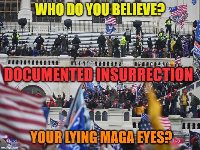 Insurrection Jan 6th 2021 | WHO DO YOU BELIEVE? YOUR LYING MAGA EYES? DOCUMENTED INSURRECTION | image tagged in insurrection jan 6th 2021 | made w/ Imgflip meme maker
