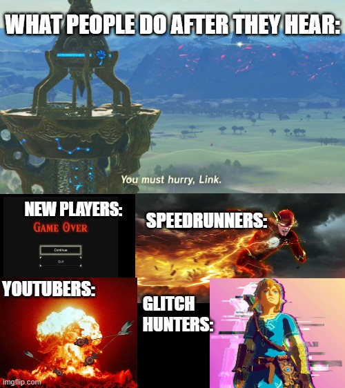 Comment which you are, or if I missed some | WHAT PEOPLE DO AFTER THEY HEAR:; NEW PLAYERS:; SPEEDRUNNERS:; YOUTUBERS:; GLITCH HUNTERS: | image tagged in funny,zelda | made w/ Imgflip meme maker