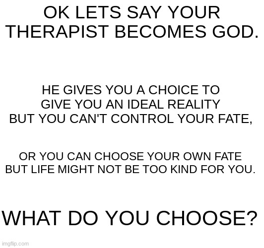 Enlighten me. | OK LETS SAY YOUR THERAPIST BECOMES GOD. HE GIVES YOU A CHOICE TO GIVE YOU AN IDEAL REALITY BUT YOU CAN'T CONTROL YOUR FATE, OR YOU CAN CHOOSE YOUR OWN FATE BUT LIFE MIGHT NOT BE TOO KIND FOR YOU. WHAT DO YOU CHOOSE? | image tagged in therapy,god,question | made w/ Imgflip meme maker