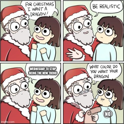 wednesday is too overrated | WEDNESDAY TO STOP BEING THE NEW TREND; NO | image tagged in for christmas i want a dragon,wednesday | made w/ Imgflip meme maker