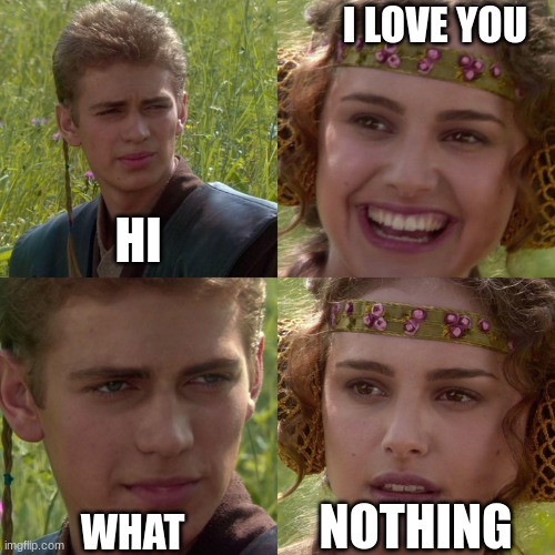 Anakin Padme 4 Panel | I LOVE YOU; HI; NOTHING; WHAT | image tagged in anakin padme 4 panel | made w/ Imgflip meme maker
