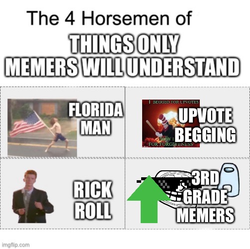 Actually I don’t understand 3rd grade memers that well… | UPVOTE BEGGING; 3RD GRADE MEMERS | image tagged in four horsemen,imgflip users,memers | made w/ Imgflip meme maker