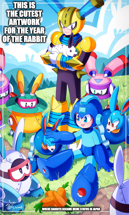 Robot Masters With Rabbits | THIS IS THE CUTEST ARTWORK FOR THE YEAR OF THE RABBIT; WHERE RABBITS BECAME MEME STATUS IN JAPAN | image tagged in megaman,fuzeman,memes,rabbit | made w/ Imgflip meme maker