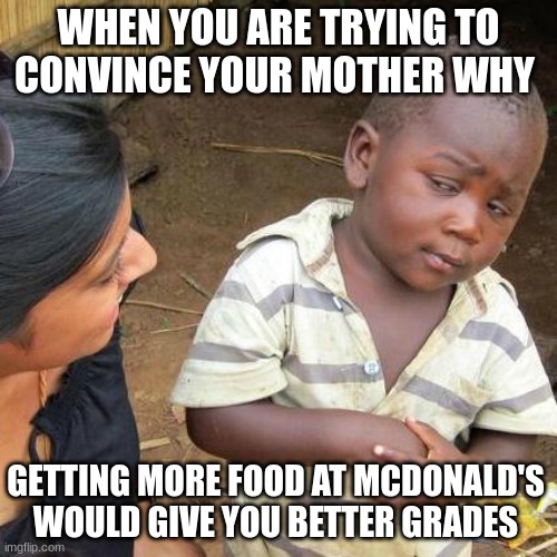 Bartering 2000 | WHEN YOU ARE TRYING TO CONVINCE YOUR MOTHER WHY; GETTING MORE FOOD AT MCDONALD'S WOULD GIVE YOU BETTER GRADES | image tagged in memes,third world skeptical kid | made w/ Imgflip meme maker