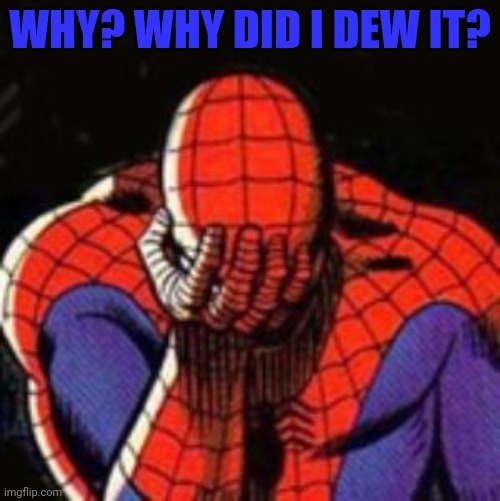 Sad Spiderman Meme | WHY? WHY DID I DEW IT? | image tagged in memes,sad spiderman,spiderman | made w/ Imgflip meme maker