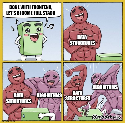 Two strong Guys beating up box | DONE WITH FRONTEND, LET'S BECOME FULL STACK; DATA 
STRUCTURES; ALGORITHMS; DATA 
STRUCTURES; ALGORITHMS; DATA 
STRUCTURES | image tagged in two strong guys beating up box | made w/ Imgflip meme maker