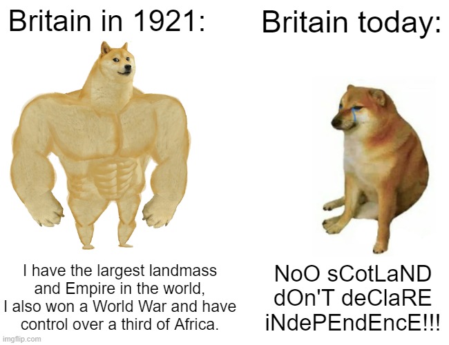 Buff Doge vs. Cheems | Britain in 1921:; Britain today:; I have the largest landmass and Empire in the world, I also won a World War and have control over a third of Africa. NoO sCotLaND dOn'T deClaRE iNdePEndEncE!!! | image tagged in memes,buff doge vs cheems | made w/ Imgflip meme maker