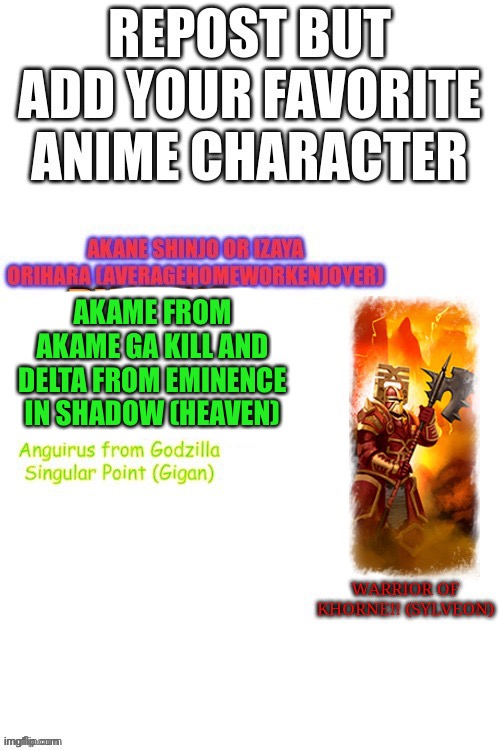 Re-fixed it | AKAME FROM AKAME GA KILL AND DELTA FROM EMINENCE IN SHADOW (HEAVEN) | made w/ Imgflip meme maker
