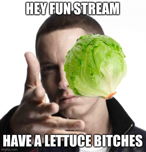Eminem throwing grenade | HEY FUN STREAM; HAVE A LETTUCE BITCHES | image tagged in eminem throwing grenade | made w/ Imgflip meme maker