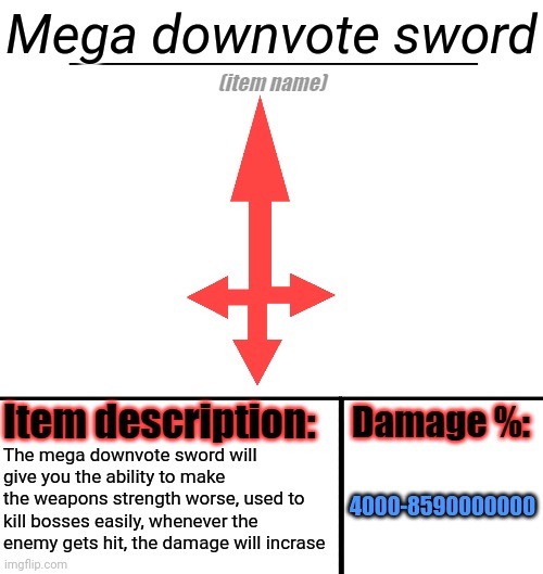 downvote | Mega downvote sword; The mega downvote sword will give you the ability to make the weapons strength worse, used to kill bosses easily, whenever the enemy gets hit, the damage will incrase; 4000-8590000000 | image tagged in item-shop template,sword | made w/ Imgflip meme maker