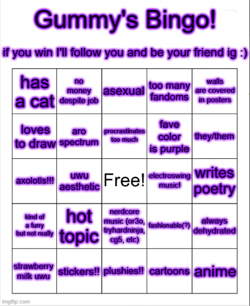 I've always wanted to make a bingo so I finally did it | Gummy's Bingo! if you win I'll follow you and be your friend ig :); has a cat; no money despite job; asexual; too many fandoms; walls are covered in posters; procrastinates too much; loves to draw; aro spectrum; fave color is purple; they/them; writes poetry; axolotls!!! electroswing music! uwu aesthetic; hot topic; fashionable(?); kind of a furry but not really; always dehydrated; nerdcore music (or3o, tryhardninja, cg5, etc); anime; plushies!! cartoons; stickers!! strawberry milk uwu | image tagged in blank bingo template with better font | made w/ Imgflip meme maker