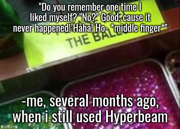 PLEASE FEEL THE BALLS | "Do you remember one time I liked myself? "No?" Good, cause it never happened! Haha! Ho- *middle finger*"; -me, several months ago, when i still used Hyperbeam | image tagged in please feel the balls | made w/ Imgflip meme maker