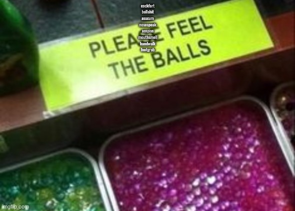 PLEASE FEEL THE BALLS | cockfart
ballshit
asscum
nosespeak
asspiss
mouthsmell
handwalk
footgrab | image tagged in please feel the balls | made w/ Imgflip meme maker