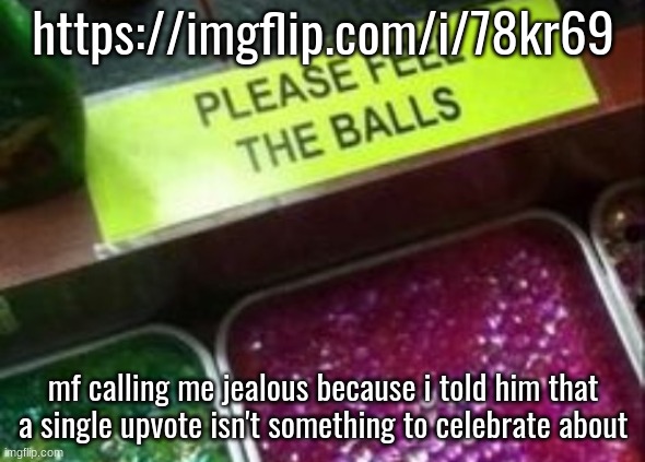 PLEASE FEEL THE BALLS | https://imgflip.com/i/78kr69; mf calling me jealous because i told him that a single upvote isn't something to celebrate about | image tagged in please feel the balls | made w/ Imgflip meme maker