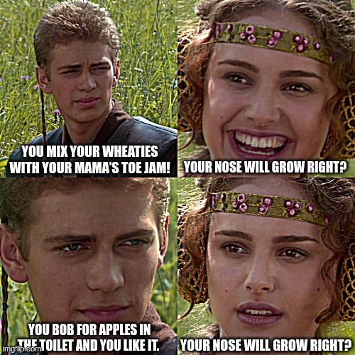 sandlot insult scene | YOU MIX YOUR WHEATIES WITH YOUR MAMA’S TOE JAM! YOUR NOSE WILL GROW RIGHT? YOUR NOSE WILL GROW RIGHT? YOU BOB FOR APPLES IN THE TOILET AND YOU LIKE IT. | image tagged in anakin padme 4 panel | made w/ Imgflip meme maker
