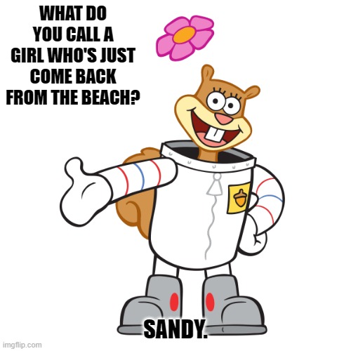 Daily Bad Dad Joke 01/24/2023 | WHAT DO YOU CALL A GIRL WHO'S JUST COME BACK FROM THE BEACH? SANDY. | image tagged in sandy | made w/ Imgflip meme maker