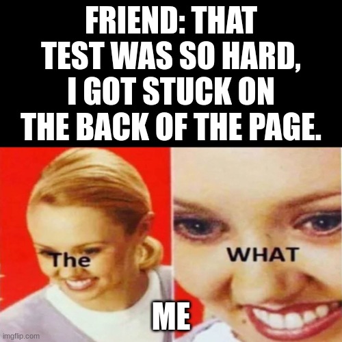 The What | FRIEND: THAT TEST WAS SO HARD, I GOT STUCK ON THE BACK OF THE PAGE. ME | image tagged in the what | made w/ Imgflip meme maker