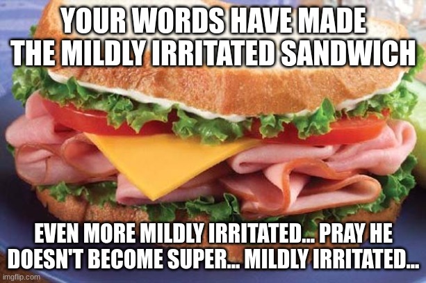 Sandwich | YOUR WORDS HAVE MADE THE MILDLY IRRITATED SANDWICH EVEN MORE MILDLY IRRITATED... PRAY HE DOESN'T BECOME SUPER... MILDLY IRRITATED... | image tagged in sandwich | made w/ Imgflip meme maker