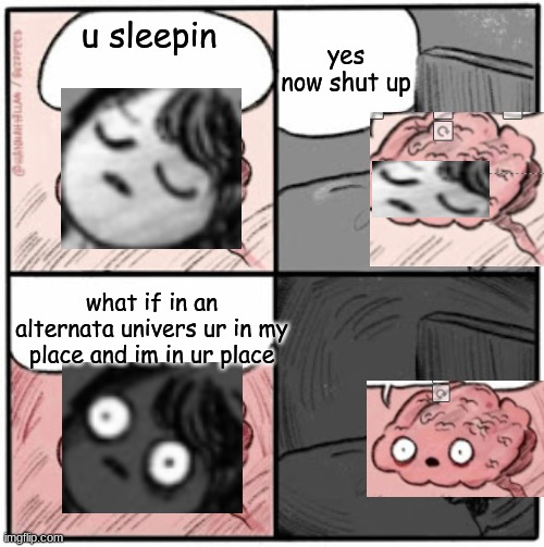 Brain Before Sleep | yes now shut up; u sleepin; what if in an alternata univers ur in my place and im in ur place | image tagged in brain before sleep | made w/ Imgflip meme maker