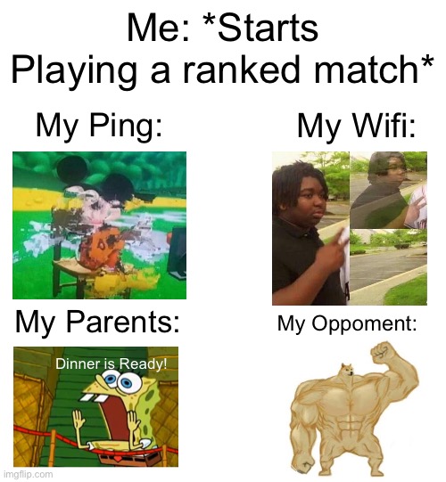 The Most Relatable Gaming meme i made, (i guess?) | Me: *Starts Playing a ranked match*; My Ping:; My Wifi:; My Oppoment:; My Parents:; Dinner is Ready! | image tagged in gaming,memes,funny,relatable,relatable memes,video games | made w/ Imgflip meme maker