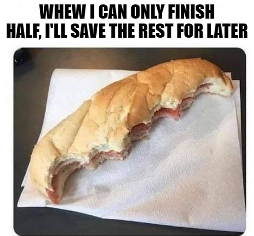 Half a sandwich | WHEW I CAN ONLY FINISH HALF, I'LL SAVE THE REST FOR LATER | image tagged in half a sandwich,kewlew | made w/ Imgflip meme maker