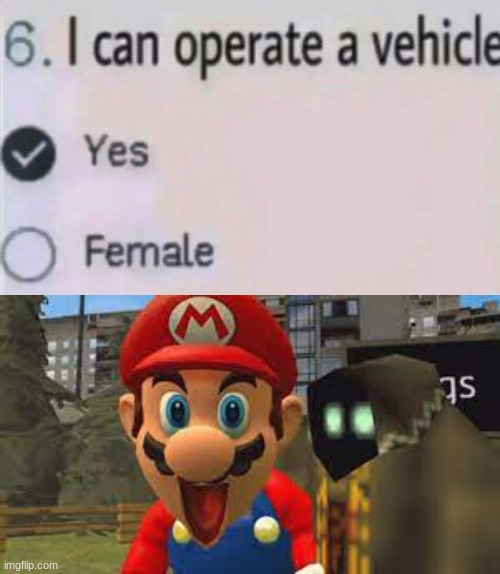 female + yes | image tagged in mario,car,original,original memes,original meme,smg4 | made w/ Imgflip meme maker