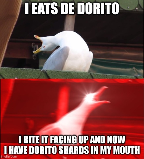 Screaming bird | I EATS DE DORITO; I BITE IT FACING UP AND NOW I HAVE DORITO SHARDS IN MY MOUTH | image tagged in screaming bird | made w/ Imgflip meme maker