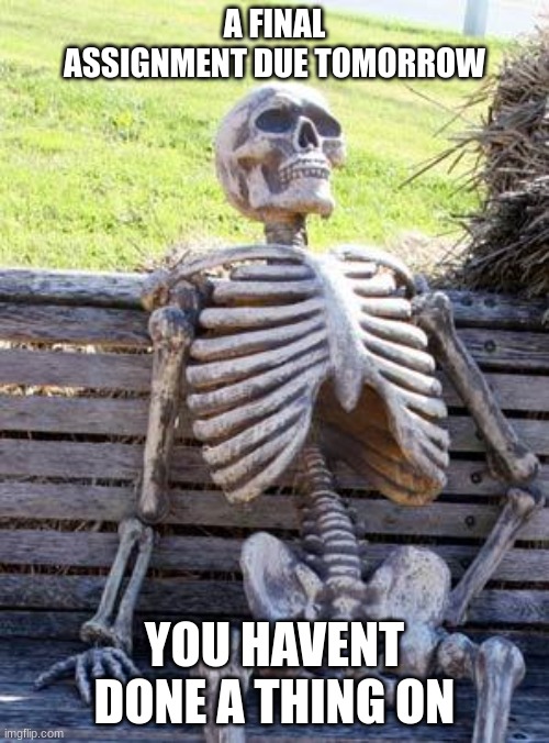 Asignments suck | A FINAL ASSIGNMENT DUE TOMORROW; YOU HAVENT DONE A THING ON | image tagged in memes,waiting skeleton | made w/ Imgflip meme maker