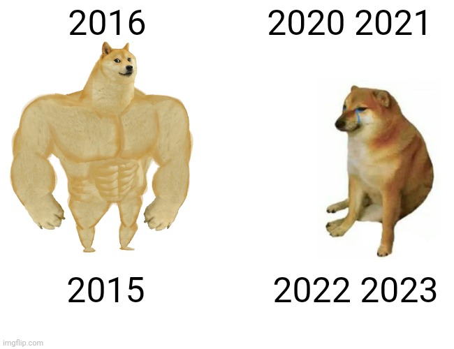 Buff Doge vs. Cheems Meme | 2016; 2020 2021; 2015; 2022 2023 | image tagged in memes,buff doge vs cheems | made w/ Imgflip meme maker