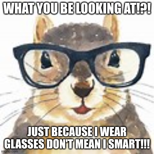 Squirrel what? | WHAT YOU BE LOOKING AT!?! JUST BECAUSE I WEAR GLASSES DON'T MEAN I SMART!!! | image tagged in squirrel | made w/ Imgflip meme maker