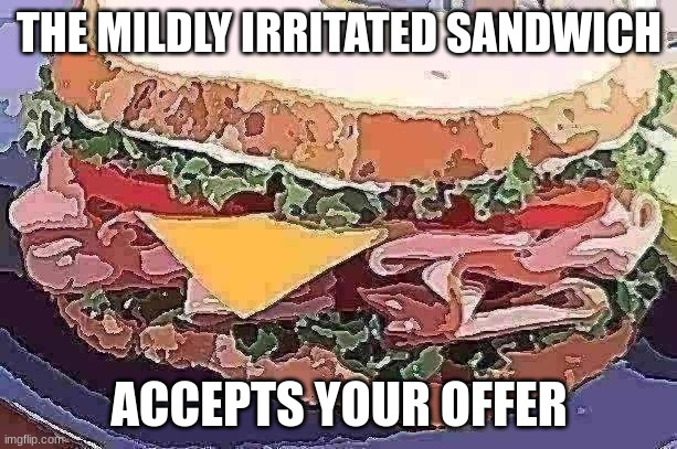 Sandwich | THE MILDLY IRRITATED SANDWICH ACCEPTS YOUR OFFER | image tagged in sandwich | made w/ Imgflip meme maker