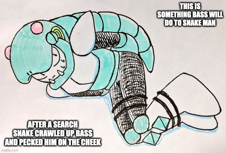 Tied-Up Snake Man | THIS IS SOMETHING BASS WILL DO TO SNAKE MAN; AFTER A SEARCH SNAKE CRAWLED UP BASS AND PECKED HIM ON THE CHEEK | image tagged in snakeman,megaman,memes | made w/ Imgflip meme maker