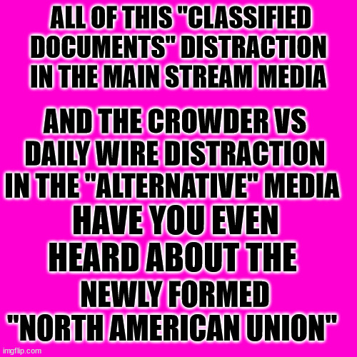 Blank Hot Pink Background | ALL OF THIS "CLASSIFIED DOCUMENTS" DISTRACTION IN THE MAIN STREAM MEDIA; AND THE CROWDER VS DAILY WIRE DISTRACTION IN THE "ALTERNATIVE" MEDIA; HAVE YOU EVEN HEARD ABOUT THE; NEWLY FORMED "NORTH AMERICAN UNION" | image tagged in blank hot pink background,media distraction,north american union | made w/ Imgflip meme maker