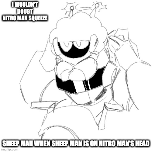 Nitro Man and Sheep Man | I WOULDN'T DOUBT NITRO MAN SQUEEZE; SHEEP MAN WHEN SHEEP MAN IS ON NITRO MAN'S HEAD | image tagged in nitroman,sheepman,megaman,memes | made w/ Imgflip meme maker