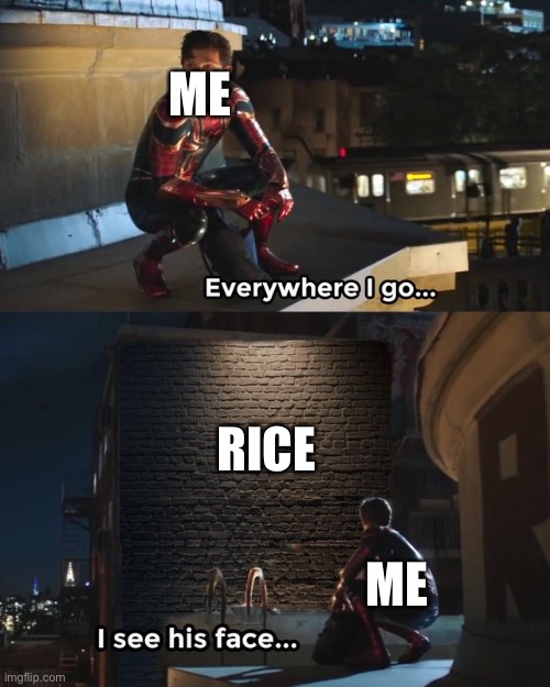Everywhere I go I see his face | ME; RICE; ME | image tagged in everywhere i go i see his face | made w/ Imgflip meme maker