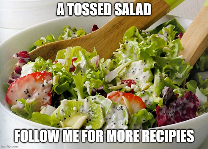 delicious | A TOSSED SALAD; FOLLOW ME FOR MORE RECIPIES | image tagged in tossed salad,recipes,food,cooking,eating,satire | made w/ Imgflip meme maker