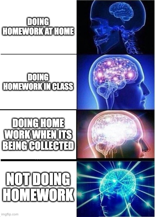 Expanding Brain | DOING HOMEWORK AT HOME; DOING HOMEWORK IN CLASS; DOING HOME WORK WHEN ITS BEING COLLECTED; NOT DOING HOMEWORK | image tagged in memes,expanding brain | made w/ Imgflip meme maker