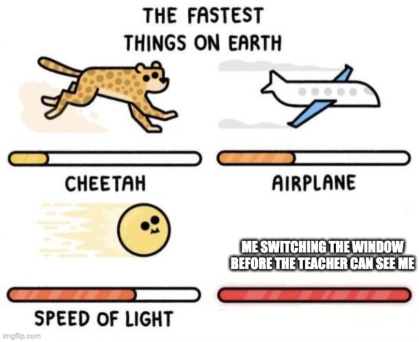 The fastest things on earth: cheetah, airplane, speed of light, | ME SWITCHING THE WINDOW BEFORE THE TEACHER CAN SEE ME | image tagged in the fastest things on earth cheetah airplane speed of light | made w/ Imgflip meme maker
