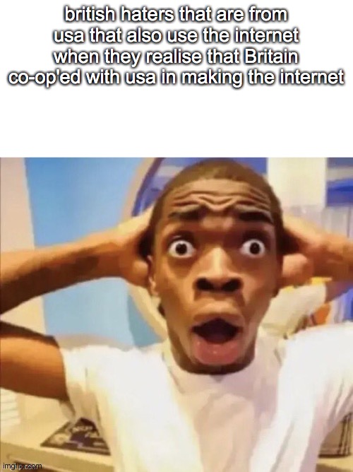 in shock | british haters that are from usa that also use the internet when they realise that Britain co-op'ed with usa in making the internet | image tagged in in shock | made w/ Imgflip meme maker