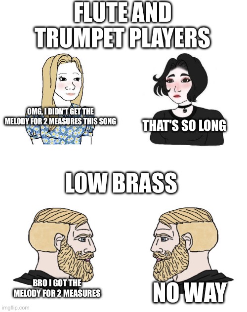 I love the trombone | FLUTE AND TRUMPET PLAYERS; OMG, I DIDN'T GET THE MELODY FOR 2 MEASURES THIS SONG; THAT'S SO LONG; LOW BRASS; BRO I GOT THE MELODY FOR 2 MEASURES; NO WAY | image tagged in yes chad boys vs girls | made w/ Imgflip meme maker